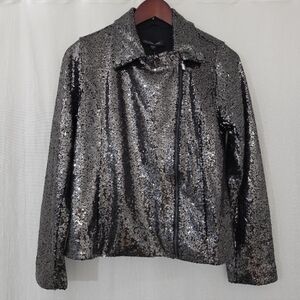 Colleen Lopez Sequin Collared Zip Front Jacket in Silver & Black Women’s Size S